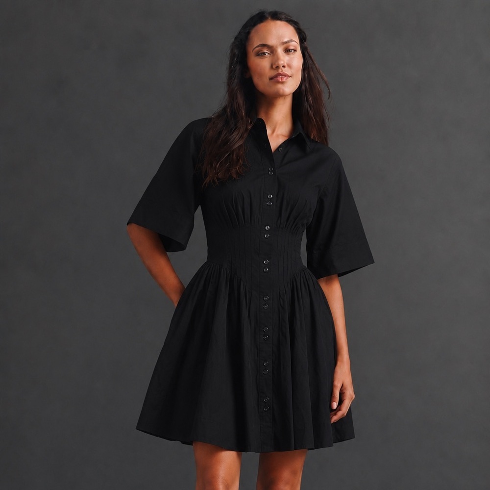 NWT! Banana Republic Black Stretch-Cotton Poplin Pintuck Shirt Dress🚂